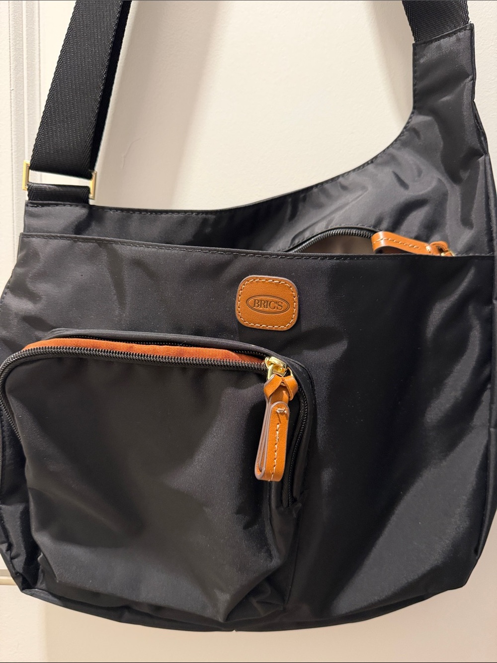 Bric's Black Nylon Messenger Bag with Tan Leather Accents